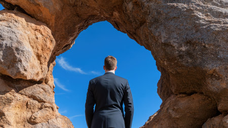 Businessman peering through natural hole in rock formation at clear blue sky, symbolizing opportunityの素材