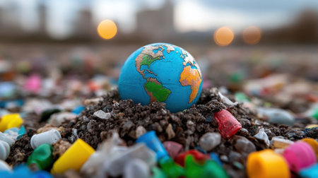 A toy Earth slowly sinking into a pile of colorful plastic waste, visualizing pollution crisisの素材