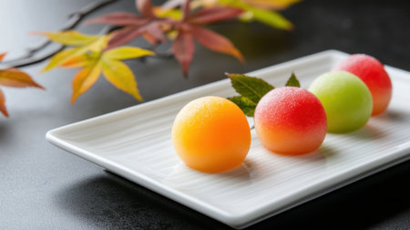 Colorful mochi spheres placed neatly on a white plate, complemented by natural leaf decorationsの素材