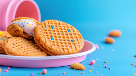 Crunchy and soft cookies mixed with wafers on a tray, vibrant and playful in compositionの素材