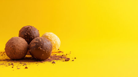 Decorative chocolate truffles with soft shadows on a radiant yellow surfaceの素材