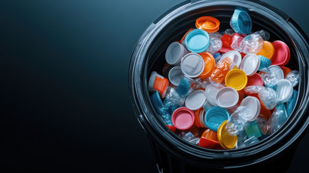 High contrast image of a dark recycling bin and scattered plastic caps insideの素材