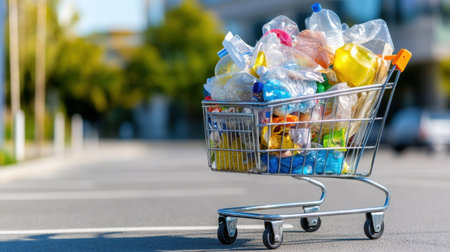 Full shopping cart of plastic waste in supermarket parking lot, symbolizing overconsumptionの素材