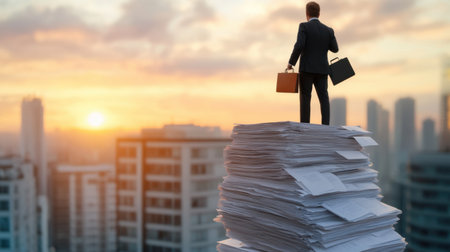 Man on towering stack of documents holding briefcase, looking at rising sun over skyline, career progression conceptの素材