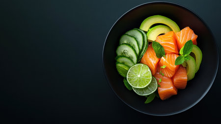 Minimalist food styling with salmon sashimi, sliced avocado and lime zest on dark ceramicの素材