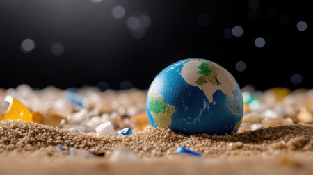 Model Earth overwhelmed by plastic waste on a sandy surface, showing global ecological strainの素材