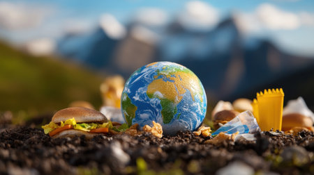 Model Earth surrounded by fast food trash and packaging, highlighting modern consumption issuesの素材