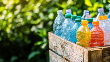 Neatly sorted plastic bottles in a wooden container outdoors, with greenery in the backgroundの素材