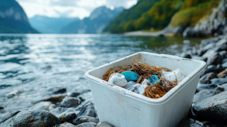 Ocean conservation concept: a white bin filled with abandoned fishing gear on a rocky beachの素材