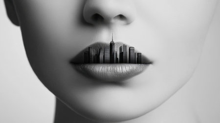 Minimalist photo of lips containing a monochrome skyline inside their shapeの素材