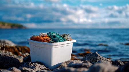 Ocean conservation concept: a white bin filled with abandoned fishing gear on a rocky beachの素材