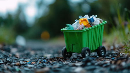 Plastic overload in small green trash cart, close-up environmental messageの素材