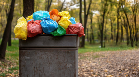 Overflowing metal bin with weathered paint and colorful plastic bags in a neglected parkの素材