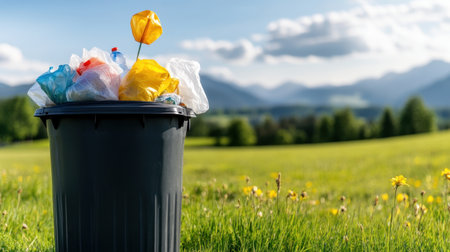 Overflowing recycling bin with plastic bags set in green meadow, nature contrastの素材
