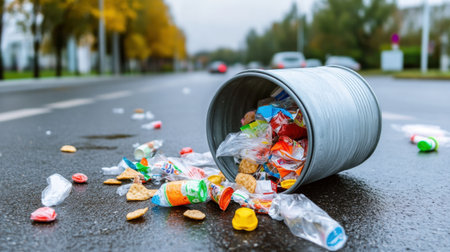 Overflowing trash can with candy and chip wrappers spilling onto the pavementの素材