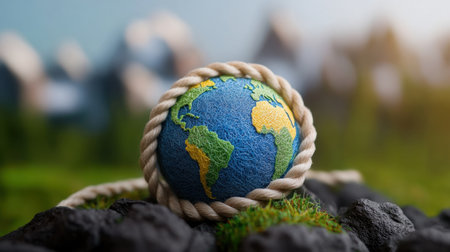 Nature strangled by plastic ropes around the globe modelの素材