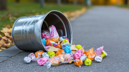 Overflowing trash can with candy and chip wrappers spilling onto the pavementの素材
