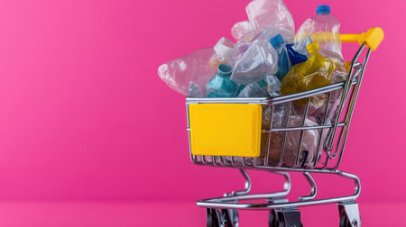 Overflowing plastic in toy shopping cart against shocking pink, symbol of plastic crisisの素材