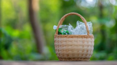 Plastic wrappers poking out of a woven basket in a rustic outdoor settingの素材
