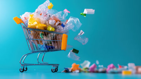 Plastic mountain in a shopping cart, overflowing and falling to the groundの素材