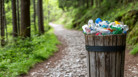Plastic-stuffed recycling bin on forest trail, symbol of pollution in natureの素材