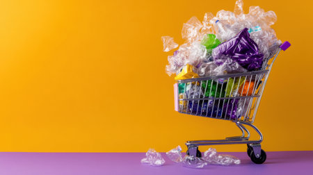 Plastic mountain in a shopping cart, overflowing and falling to the groundの素材