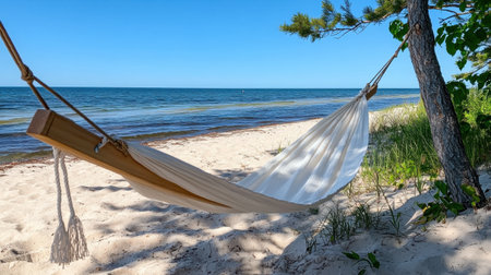 Peaceful beachside hammock setup with ocean view, perfect for relaxation and serenityの素材