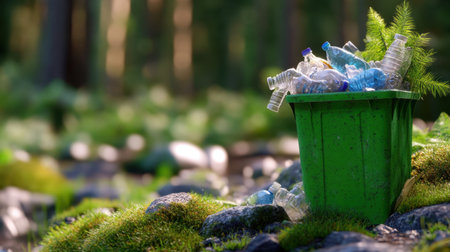 Overloaded recycling bin with plastic waste, nestled in untouched nature sceneの素材