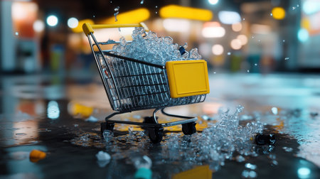 Plastic mountain in a shopping cart, overflowing and falling to the groundの素材