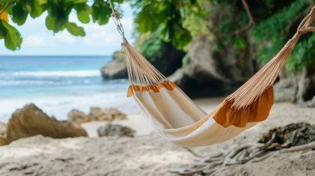 Peaceful beachside hammock setup with ocean view, perfect for relaxation and serenityの素材