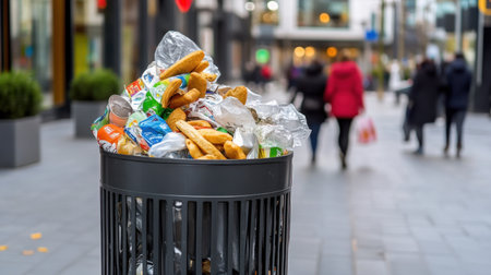 Public garbage bin bursting with fast food wrappers and plastic waste on a busy streetの素材