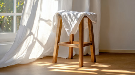 Rustic wooden stool with flowing white fabric, sunlight streaming through windowの素材