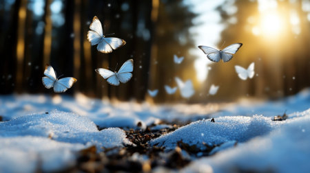 Pure white butterflies drifting between snow-covered trees in a magical forestの素材