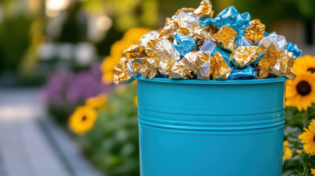 Teal recycling bin overflowing with foil candy wrappers, with a background of sunflowers and marigoldsの素材