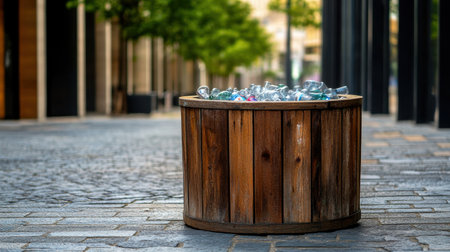 Rustic bin made of reclaimed wood filled with crushed plastic bottles, set against urban backdropの素材