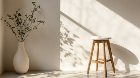 Simple elegance: sunlit stool with white fabric in a minimalistic settingの素材