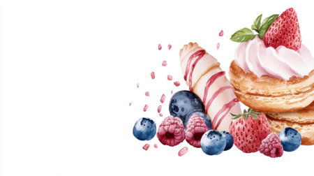 Stylized watercolor illustration of mixed pastries and snacks on white backgroundの素材