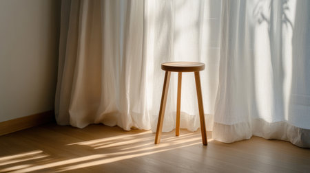 Sunlight filters across soft drapes resting on a simple wooden tripod seatの素材