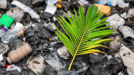 Striking contrast of green palm against a backdrop of plastic waste and pollutionの素材