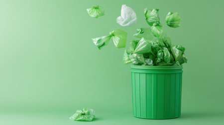 Small-scale green waste bin with plastic bags tumbling out in chaotic pileの素材