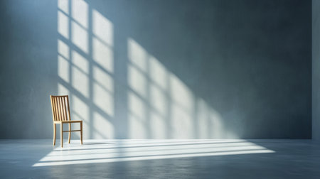 Shadow-filled room with a solitary chair glowing in a dramatic pool of lightの素材