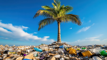 Towering palm amid plastic chaos, highlighting nature vs pollutionの素材