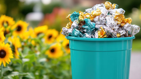 Teal recycling bin overflowing with foil candy wrappers, with a background of sunflowers and marigoldsの素材