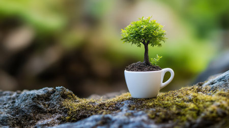 Symbolic image of life and growth, a tree from a coffee cup nestled in the wildの素材