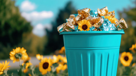 Teal recycling bin overflowing with foil candy wrappers, with a background of sunflowers and marigoldsの素材