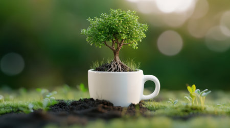 Tree breaking through ceramic mug, roots entwined in surrounding grass and soilの素材
