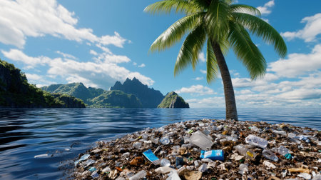 Tranquil palm tree scene ruined by piles of plastic litterの素材