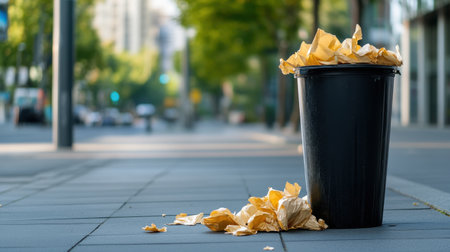 Urban recycling bin with wrinkled waste paper spilling onto the sidewalkの素材