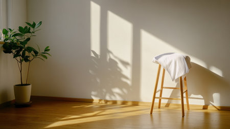 A calm corner with a wooden stool and white cloth catching warm sunlightの素材