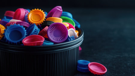 A bin full of vibrant plastic bottle caps under dim light, illustrating the value of small recyclablesの素材